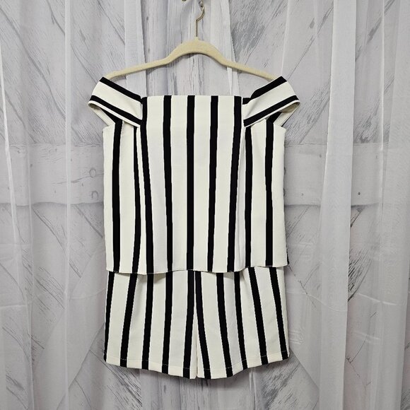 Topshop Pants - Topshop Romper Black Off White Striped Off Shoulder Layered 6 NWT